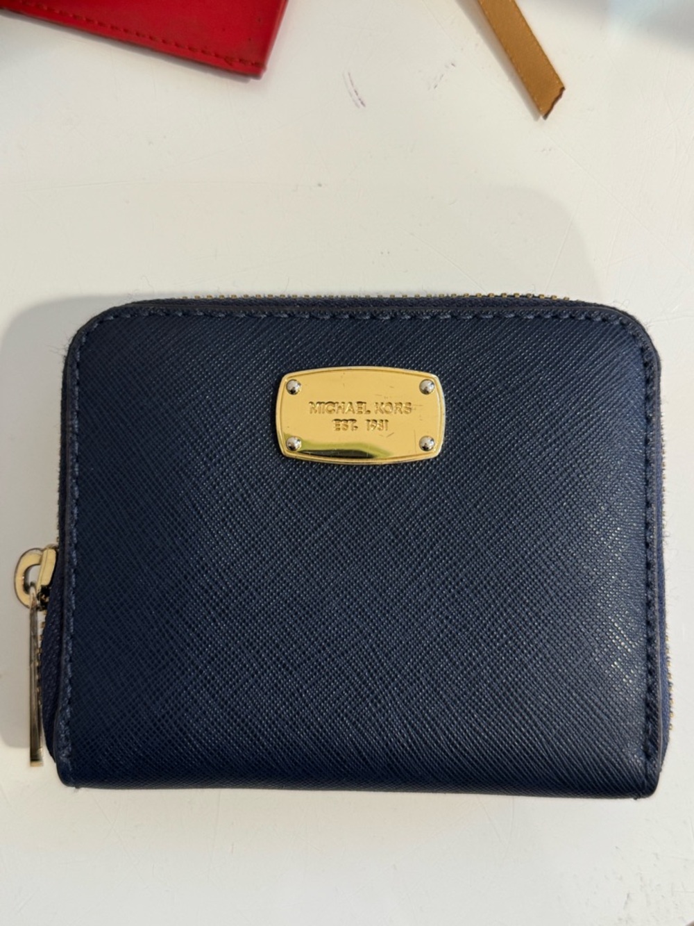 Michael Kors Navy Saffiano Compact Zip Wallet with Gold Plaque